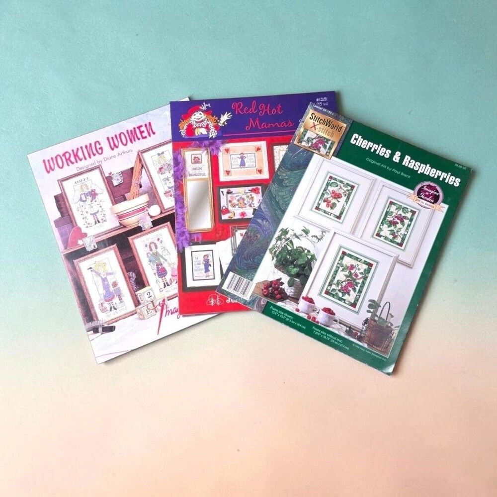 3 Vintage 90s Cross Stitch Pattern Books Red Hot Mamas Working Women Fruit Lot